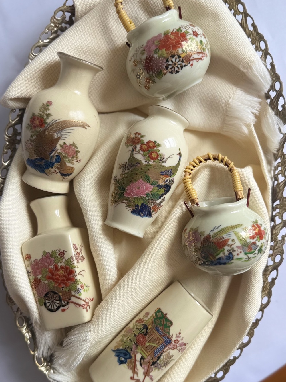 Cream Floral Hand-Painted Decorative Ceramic Vases - Set of 6